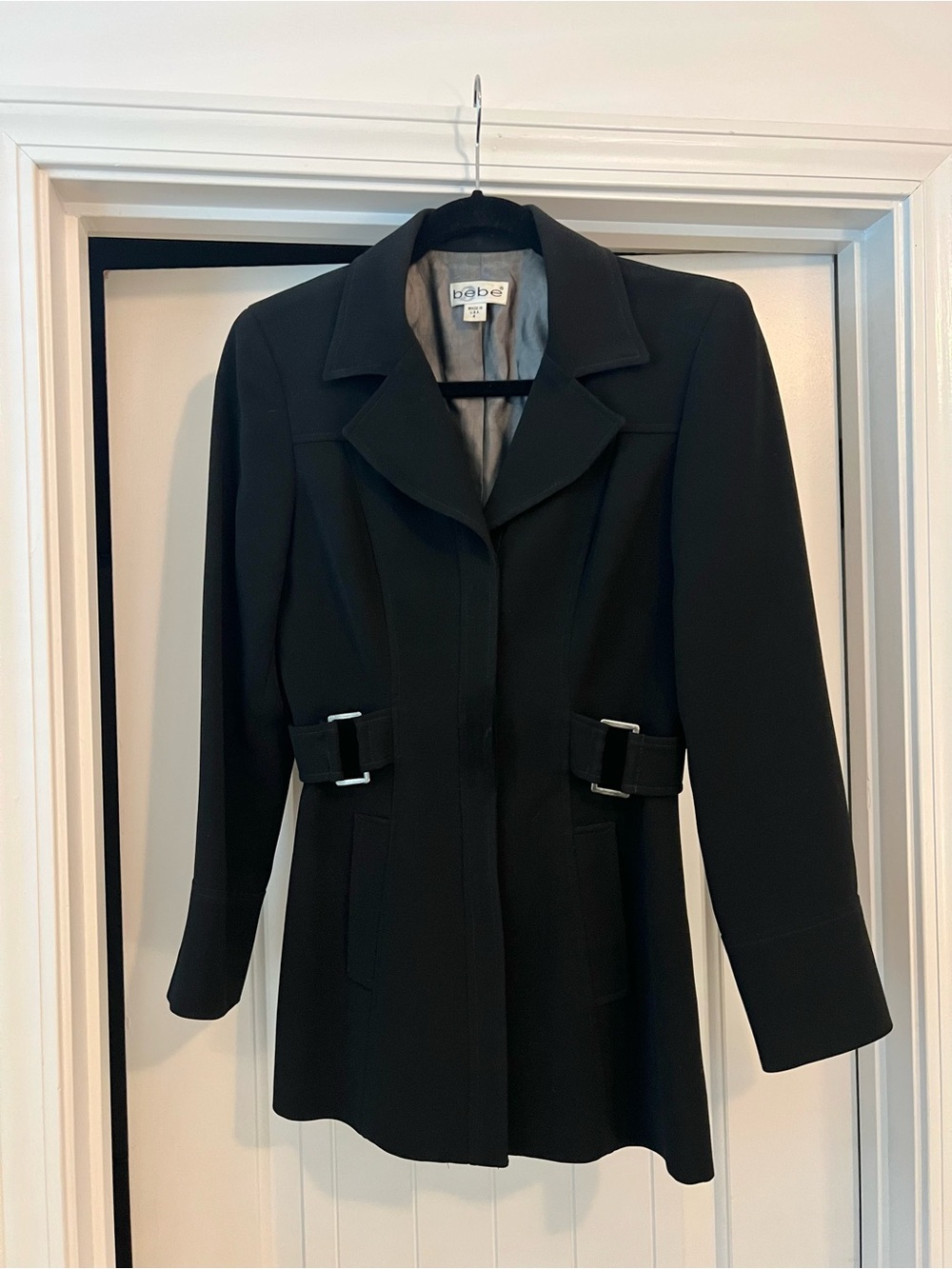 bebe Black Long Tailored Blazer with Buckle Waist Detail